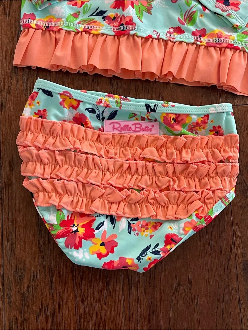 Ruffle Butts Aqua Floral Long-Sleeve Rashguard Set with Coral Ruffle Trim